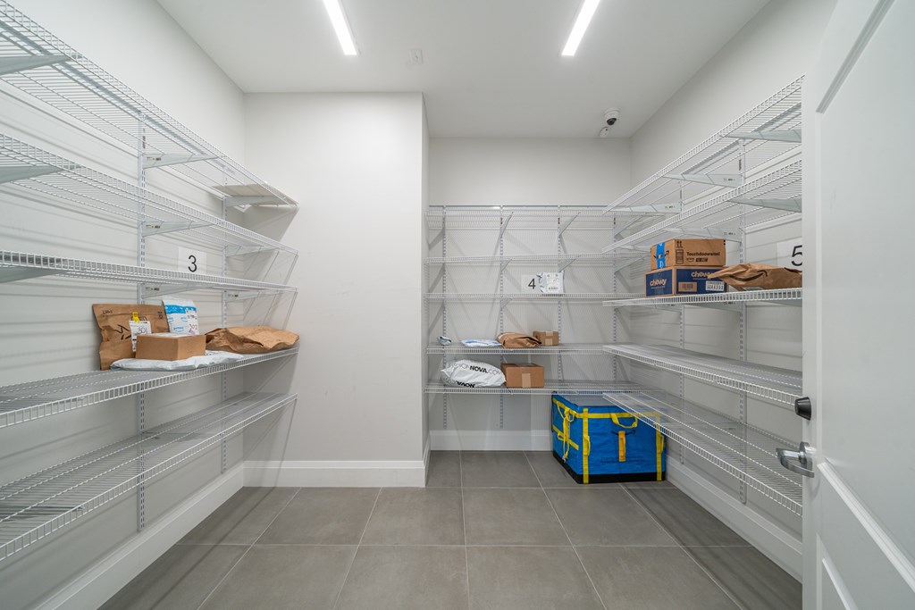 A storage room with shelves and boxes on them.