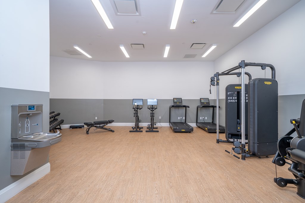 A gym with a variety of equipment including treadmills, exercise bikes, and weight machines.