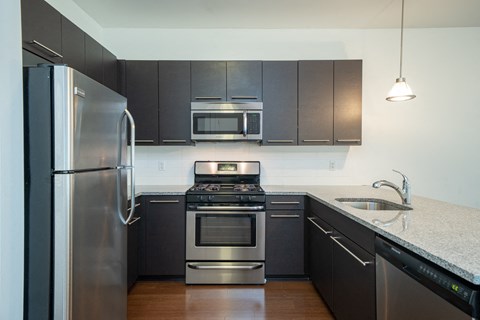 a kitchen with stainless steel appliances and black cabinets