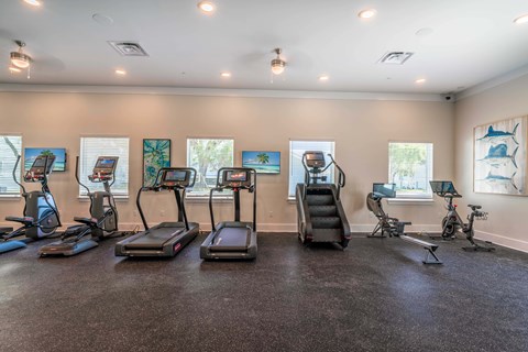 A gym with treadmills, exercise bikes, and a stair climber.