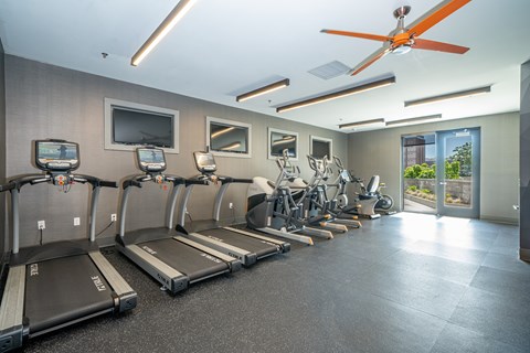 A gym with treadmills, exercise bikes, and a ceiling fan.