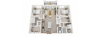 A top-down view of a modern apartment layout with a kitchen, living room, and bedrooms.