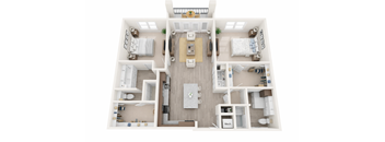 A top-down view of a well-organized apartment with a kitchen, living room, and two bedrooms.