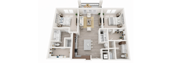 A top-down view of a modern apartment layout with a kitchen, living room, dining area, and bedrooms.
