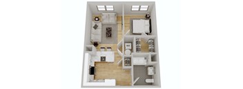 A top down view of a two-bedroom apartment with a living room, kitchen, and bathroom.