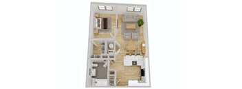 A top-down view of a house layout with a living room, dining area, kitchen, and a staircase leading to an upper level.