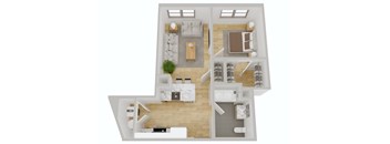A top-down view of a modern apartment layout with a living room, kitchen, dining area, and bedrooms.