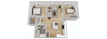 A top-down view of a two-bedroom apartment with a living room, kitchen, and bathroom.
