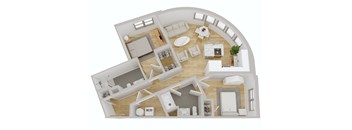 A top-down view of a house layout with a living room, dining area, kitchen, and bedrooms.