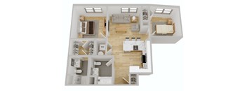 A 3D floor plan of a house with a living room, kitchen, and two bedrooms.