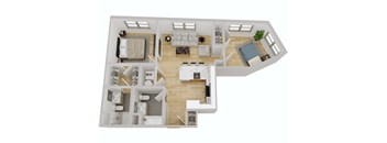 A 3D floor plan of a house with a living room, kitchen, dining room, and bedrooms.