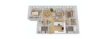 A 3D floor plan of a house with a kitchen, living room, dining room, and two bedrooms.