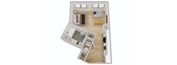 A top down view of a small apartment with a bedroom, living room, and kitchen.