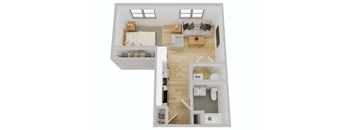 A floor plan of a two-bedroom apartment with a living room, kitchen, and bathroom.
