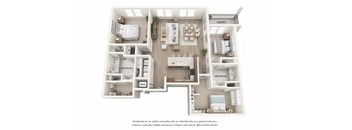 A diagram of a house layout with a kitchen, living room, and bathrooms.