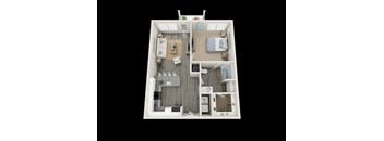 A 3D model of a house with a living room, kitchen, and bathroom.