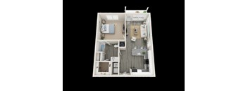 A 3D image of a small apartment layout with a bedroom, living room, and kitchen.