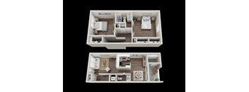 Two floor plans of a house with two bedrooms and two bathrooms.