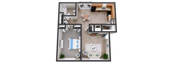 A dollhouse with a bedroom, living room, and kitchen.