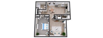 A dollhouse with a bedroom, living room, and kitchen.