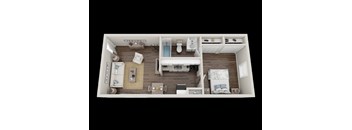 A top-down view of a small apartment with a bedroom, living room, and kitchen.