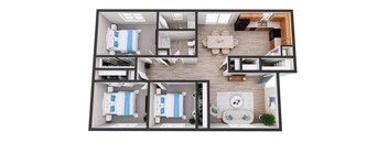 A top-down view of a model apartment with two bedrooms, a living room, a kitchen, and a bathroom.
