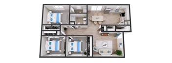 A top-down view of a model apartment with two bedrooms, a living room, a kitchen, and a bathroom.