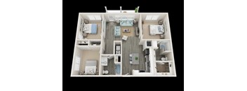 A top-down view of a two-bedroom apartment with a living area, kitchen, and bathrooms.