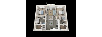 A 3D floor plan of a house with a kitchen, living room, and bedrooms.