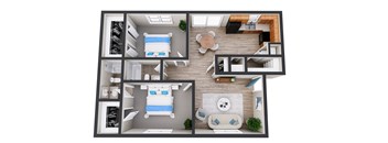 A top-down view of a small apartment with a bedroom, living room, and kitchen.