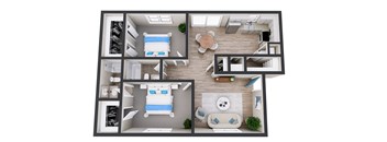 A 3D floor plan of a small apartment with a bedroom, living room, and kitchen.