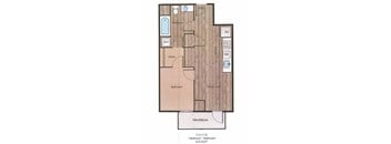 A floor plan of a one bedroom apartment with a living room, kitchen, bathroom and a balcony.
