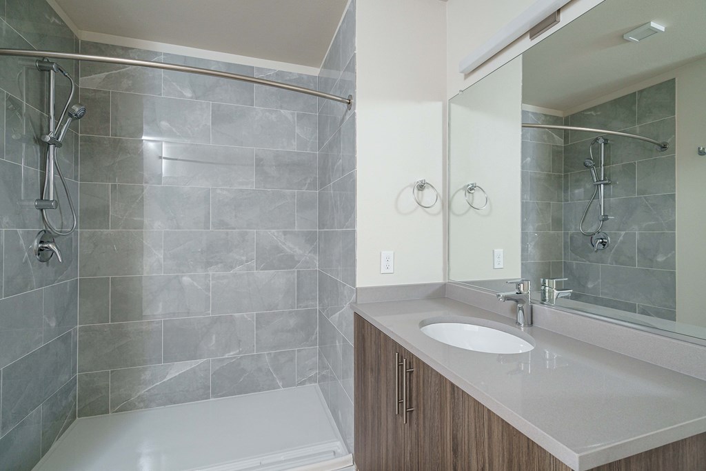 a bathroom with a shower and a sink and a mirror