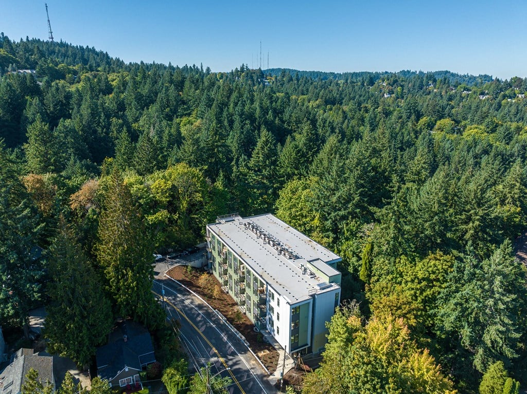an aerial view of a building in the middle of a forest