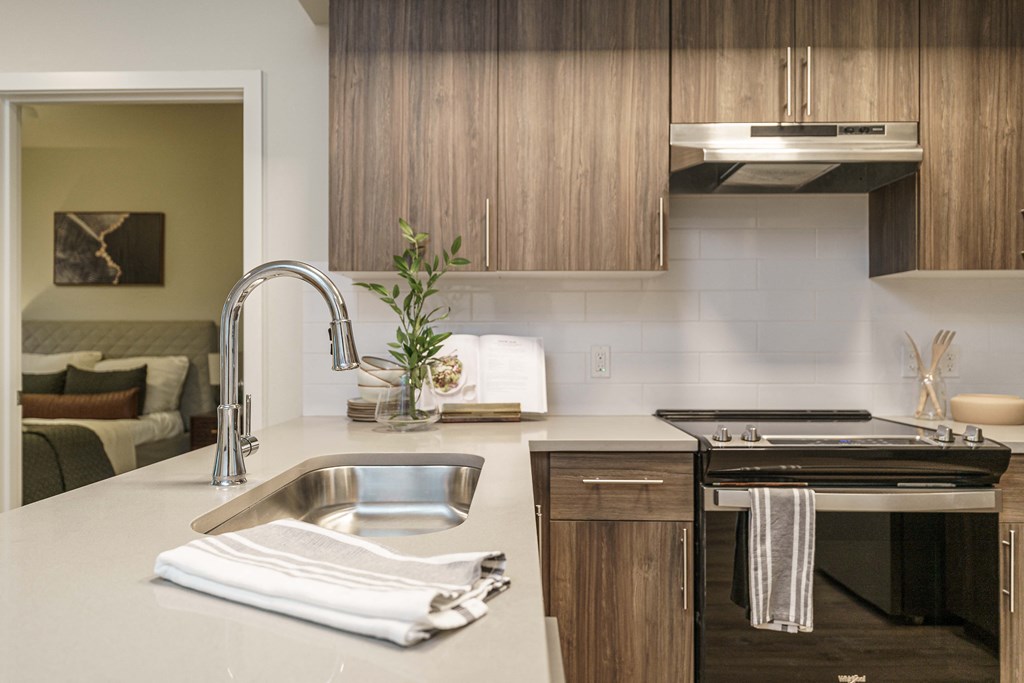 a kitchen with a sink and a stove and