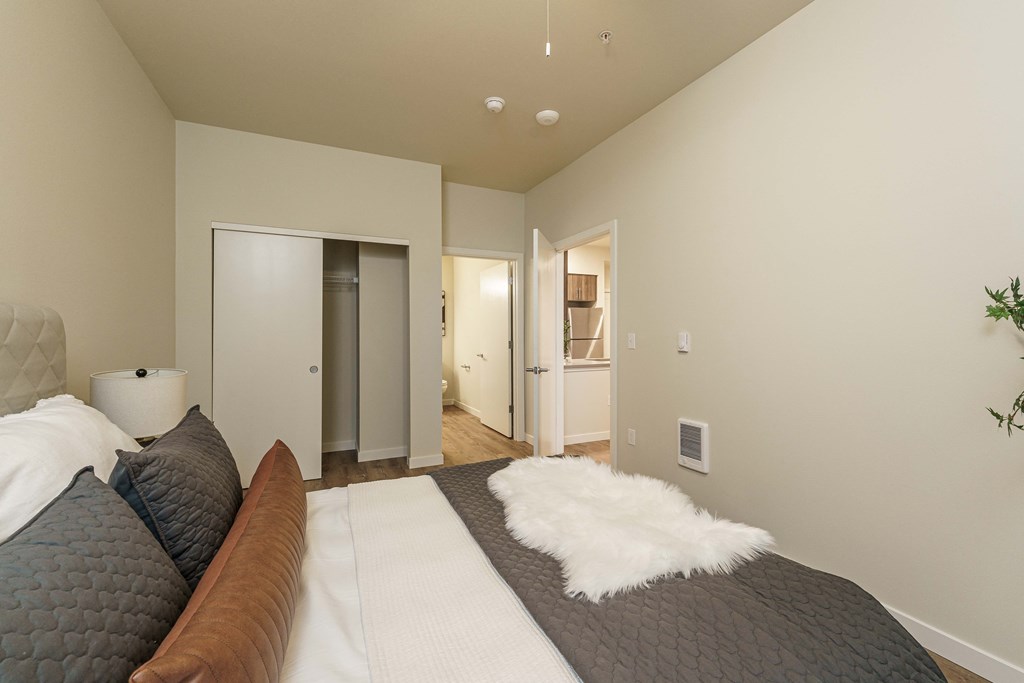 a bedroom with a large bed and a closet