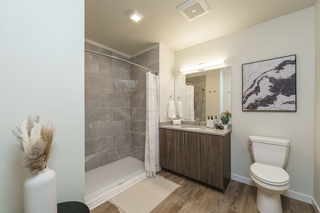 a bathroom with a shower toilet and a sink