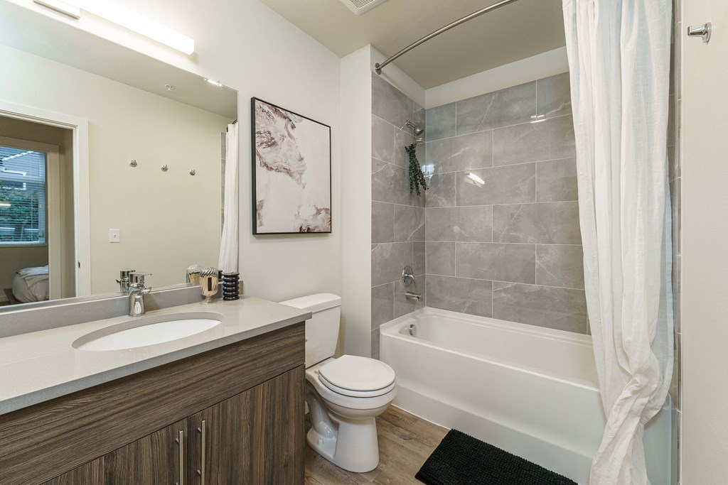 a bathroom with a shower toilet and sink and a mirror
