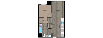 A floor plan of a small apartment with a bedroom, living room, kitchen, bathroom, and closet.