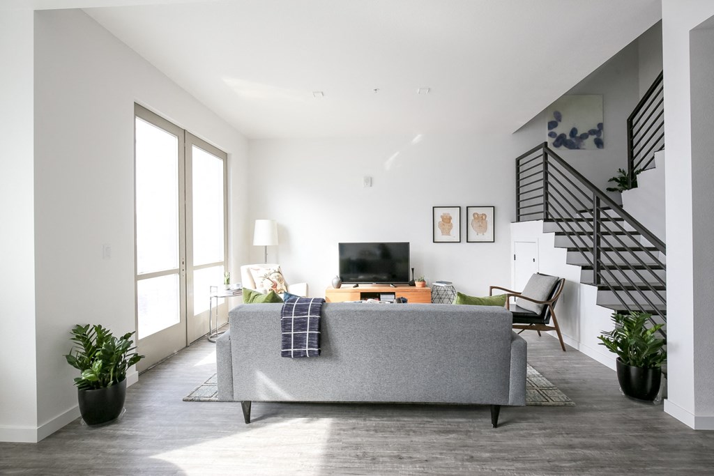 Staged Living Room with view form behind couch