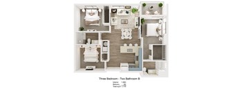 A diagram of a three bedroom apartment with two bathrooms.