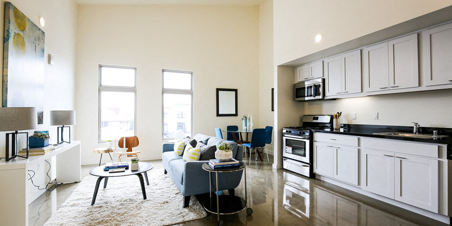 staged kitchen/living room