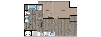A floor plan of a house with a bathroom, kitchen, and bedroom.