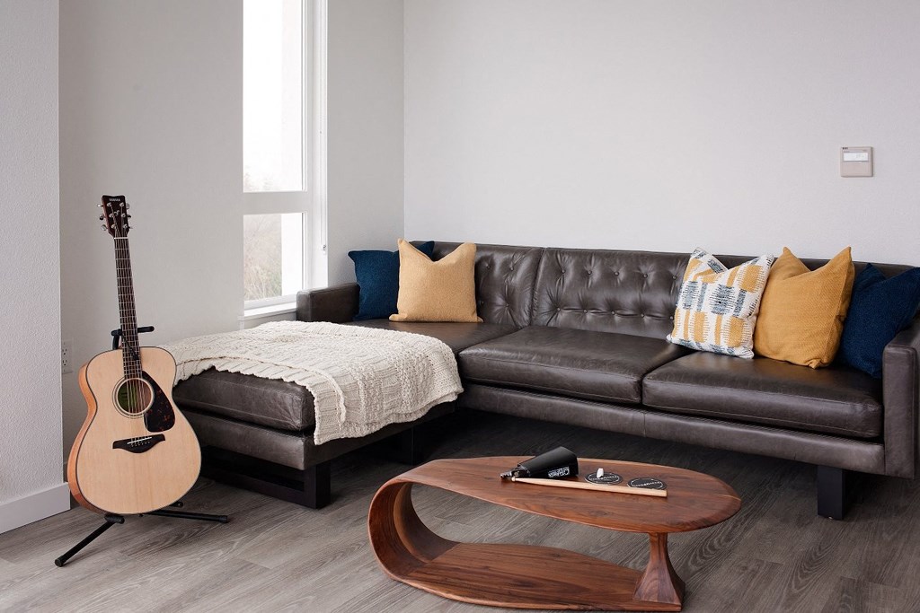 Staged living room: leather sectional