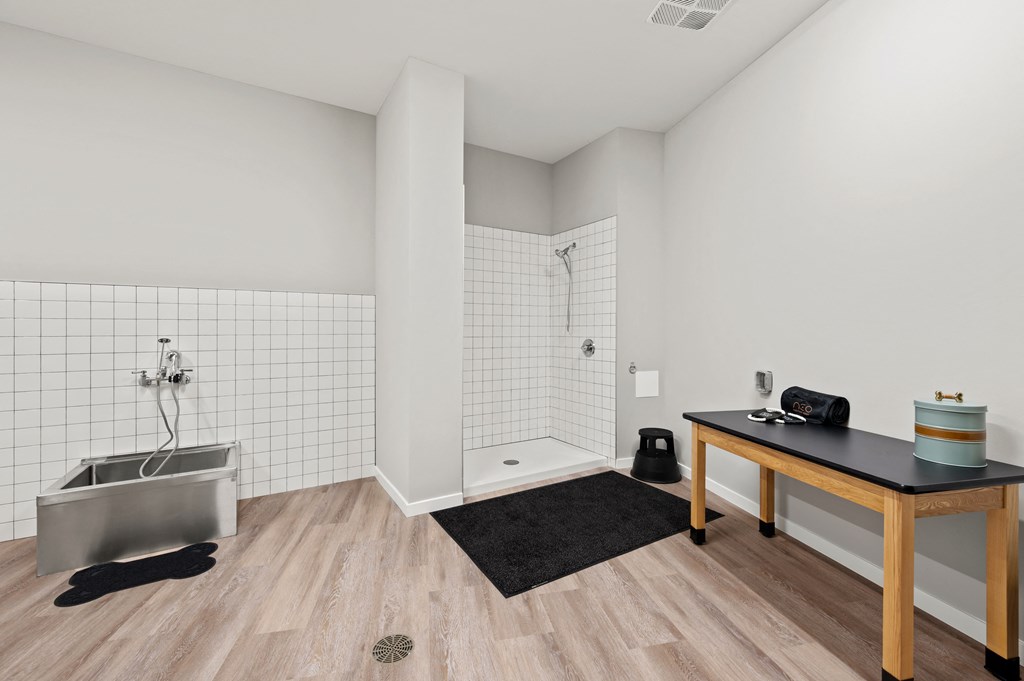 dog wash room with a shower and a sink and a bath tub