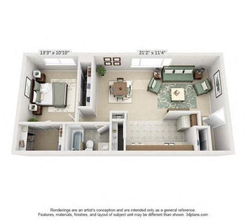 A 3D floor plan of a small apartment with a kitchen, living room, and bathroom.