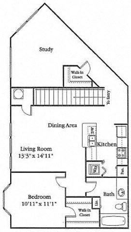 A floor plan of a house with a study at the top, a dining area in the middle, and a bedroom at the bottom.