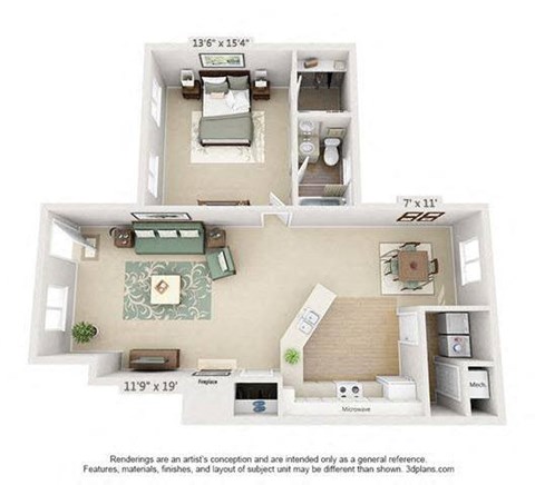 A 3D floor plan of a house with a kitchen, living room, and two bedrooms.