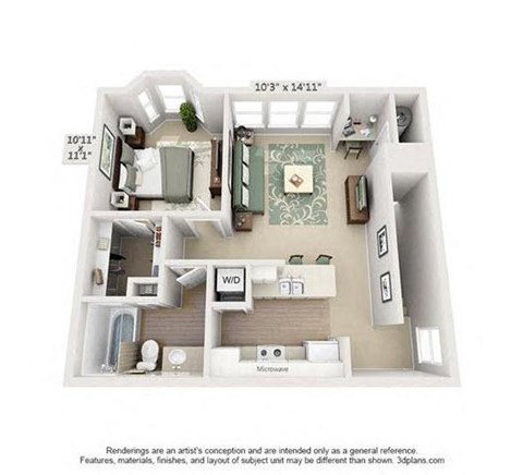 A 3D floor plan of a house with a kitchen, living room, and bathroom.