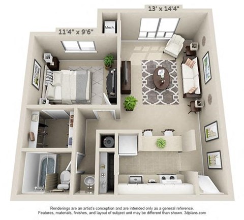 A 3D floor plan of a small apartment with a kitchen, living room, and bathroom.